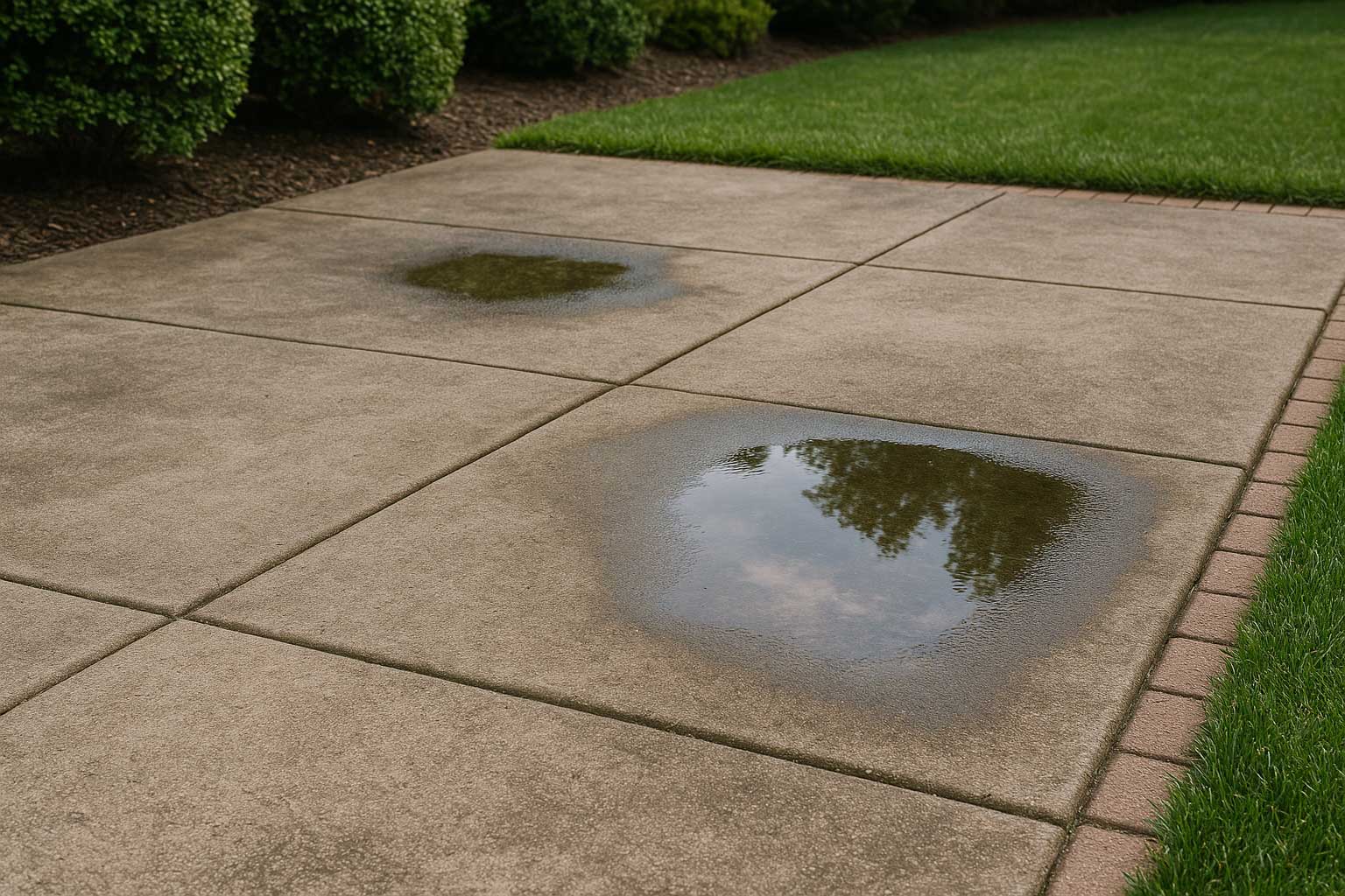 Uneven concrete patio with water pooling in low spots