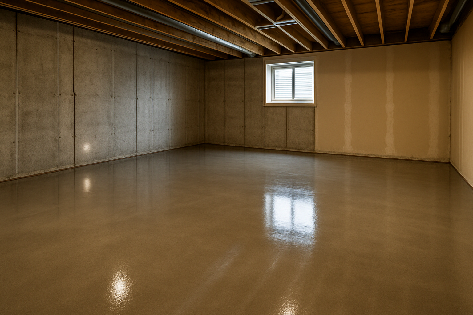 Finished basement floor with slick concrete surface providing light reflection and moisture resistance.