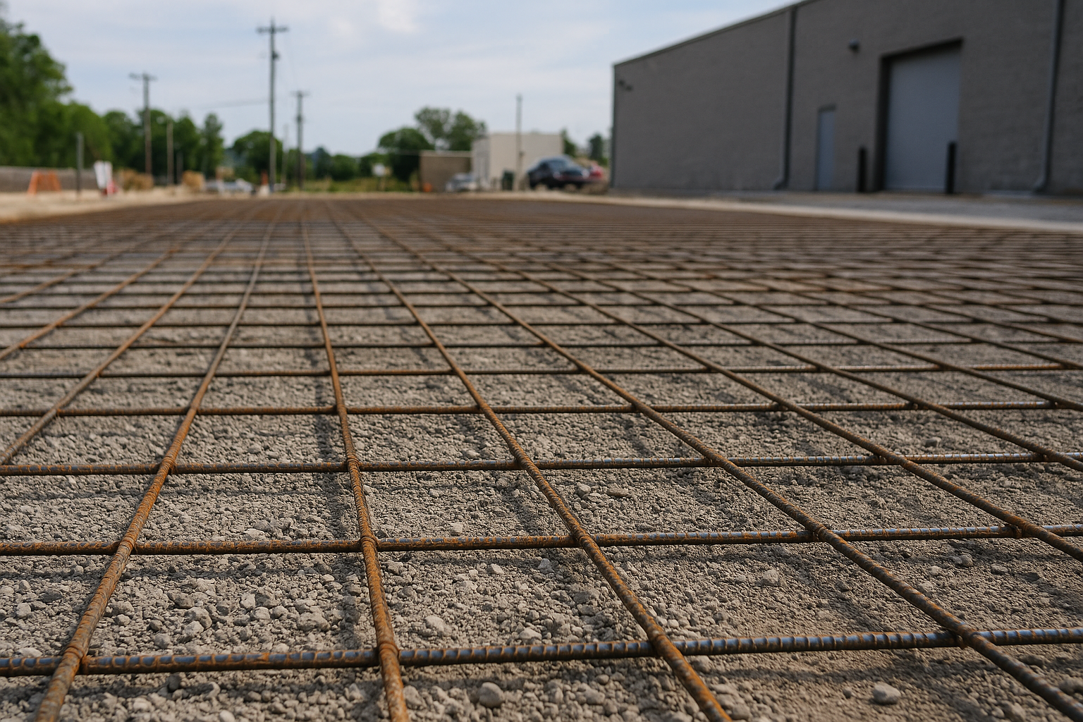 Steel rebar reinforcement being laid before a concrete pour in a commercial lot.