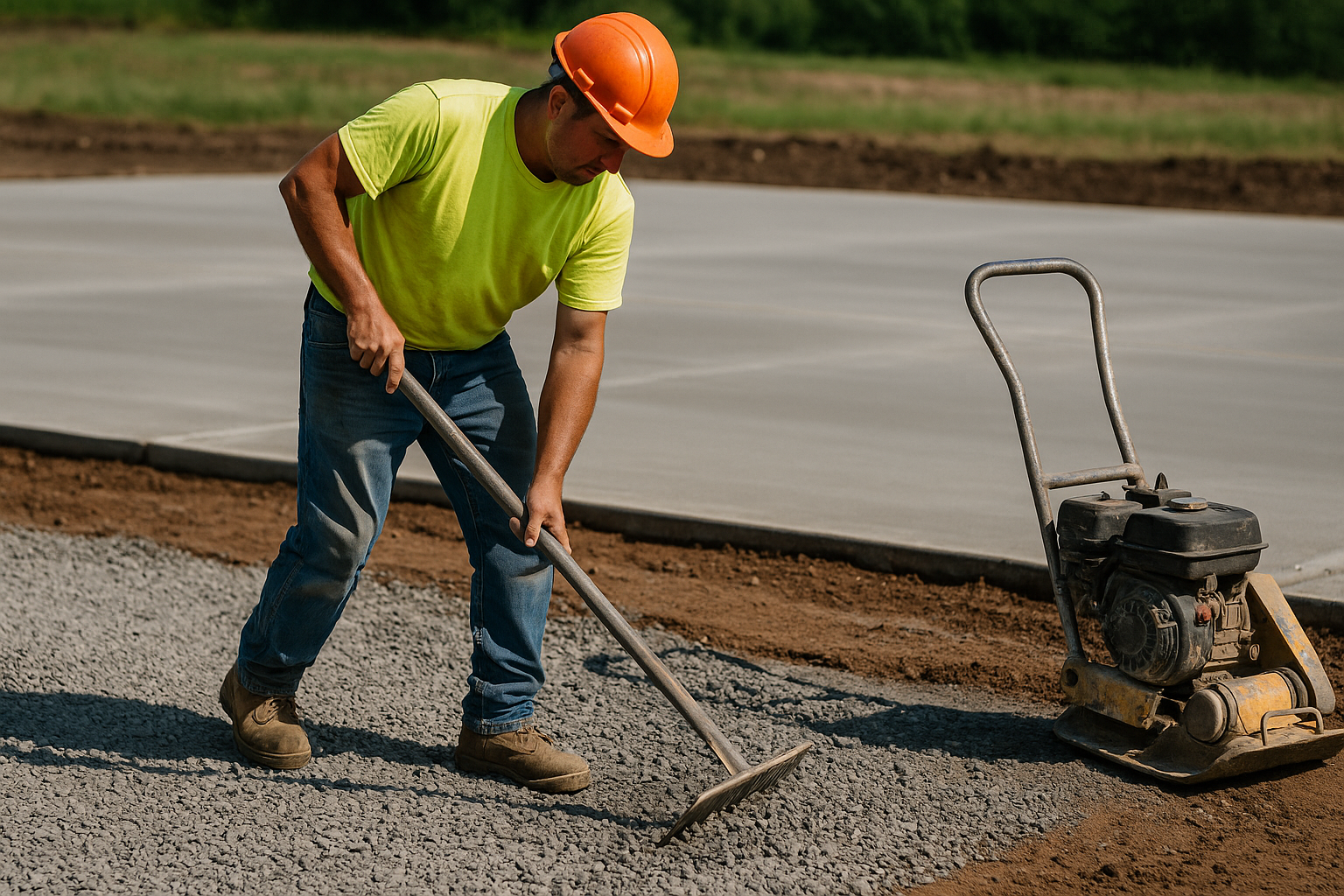 Worker grading and compacting a gravel sub-base before concrete parking lot installation.