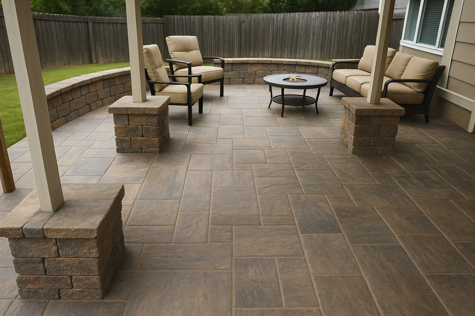 Stamped concrete patio with slate texture and natural color finish