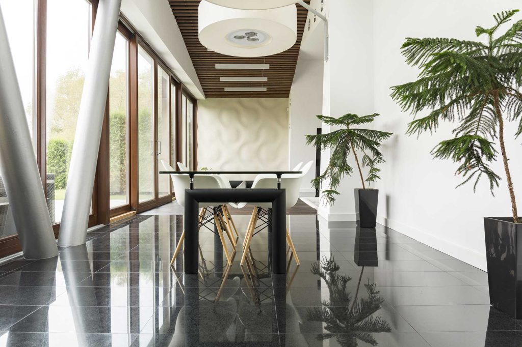 A modern dining area featuring a sleek black table surrounded by stylish chairs, large windows allowing natural light, and decorative plants in contemporary pots. The polished floor reflects the minimalist design elements.